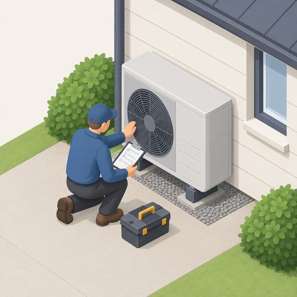 An engineer in plain work clothing kneels beside an outdoor air source heat pump unit on a house exterior wall, tools and a clipboard at hand, checking the unit during an annual service visit that keeps the extended warranty valid.
