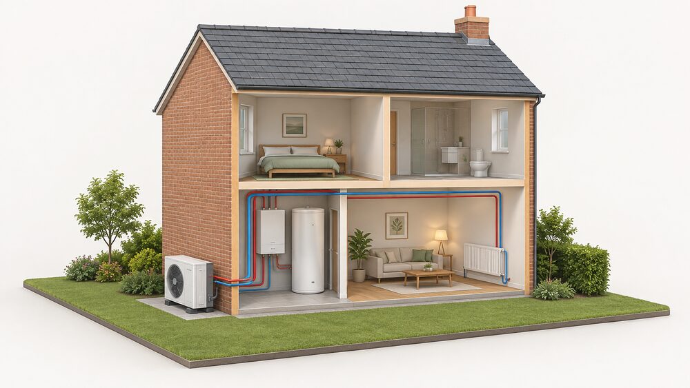 A cutaway of a small house showing an Aquarea-style air-to-water heat pump: a mono-bloc outdoor unit on the ground against the outside wall, with an indoor hydraulic unit and a hot water cylinder in a utility space inside, connected to a radiator in the living room.