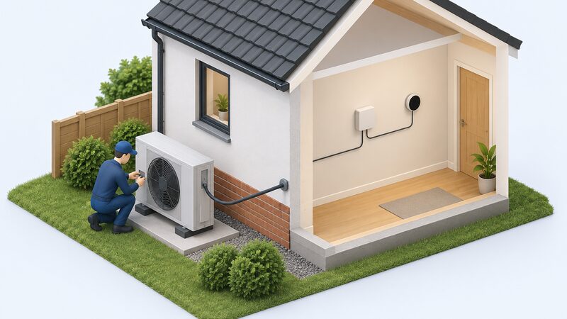 An isometric cutaway of a house exterior showing an air source heat pump outdoor unit beside the wall, with a control cable running through the wall to an indoor programmer and wall-mounted thermostat, a simplified installer figure connecting the cable at the outdoor unit.