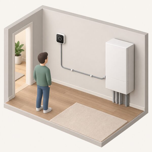 A small wall-mounted thermostat on an interior wall with a thin low-voltage control cable running down and across to a nearby indoor heat pump unit, the cable entering both enclosures to show the wired connection between them.