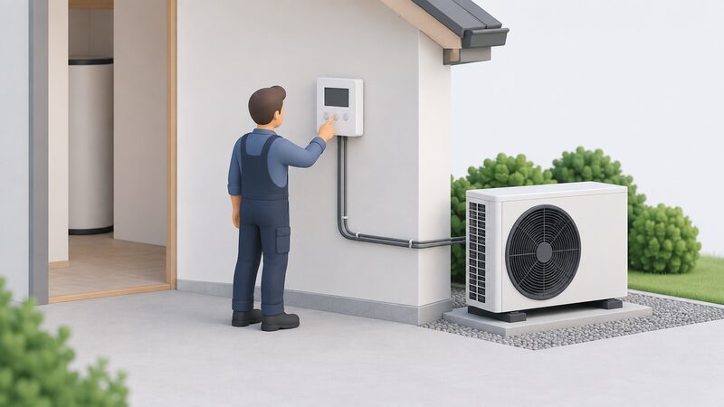 An installer standing beside a wall-mounted Passiv Programmer unit, pressing its controls to commission the heat pump control, with the wiring connection to the heat pump shown, and no smartphone or internet router anywhere in the scene.