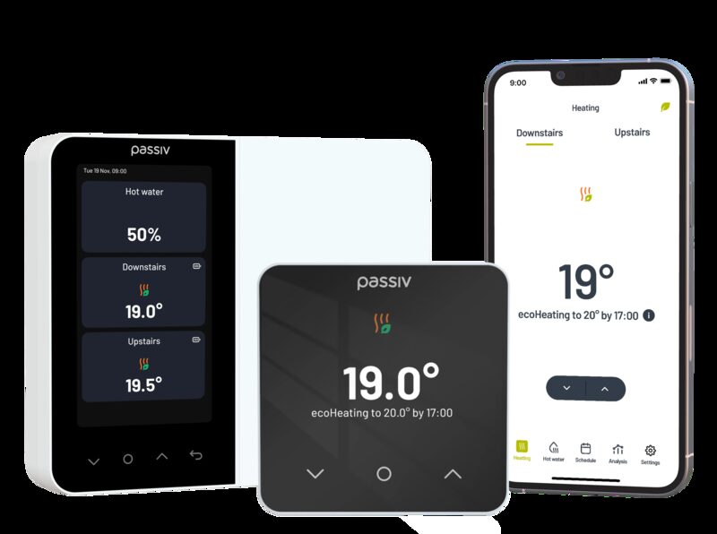 Passiv smart thermostat products: a wall controller, a thermostat dial and a smartphone app showing heating temperatures