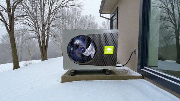 A Mycond monoblock air source heat pump unit installed outside a house in a snowy garden