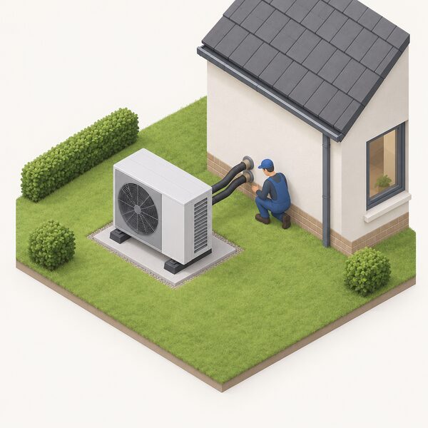 A monobloc heat pump outdoor unit standing beside a house with generous clear space on all sides, connected to the building by two insulated water pipes entering an external wall, with a small installer figure checking the pipework connection.