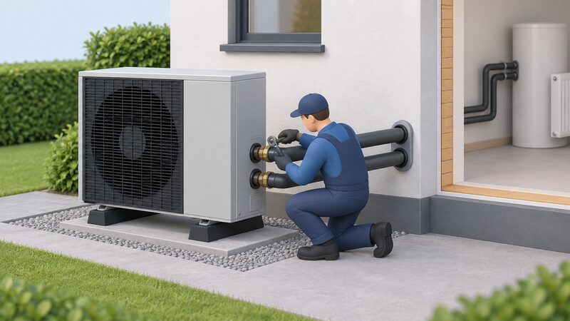 An installer kneeling beside an outdoor R290 monobloc heat pump unit on a house's exterior wall, tightening a union on the insulated water flow and return pipes that run through the wall toward the indoor heating system, with the factory-sealed refrigerant circuit contained entirely within the outdoor cabinet.