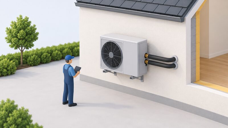 An outdoor wall showing a wall-mounted R290 monobloc heat pump unit with generous clear space around it on all sides, and two insulated water pipes running from the unit into the house wall, with a simplified installer figure checking the clearance.