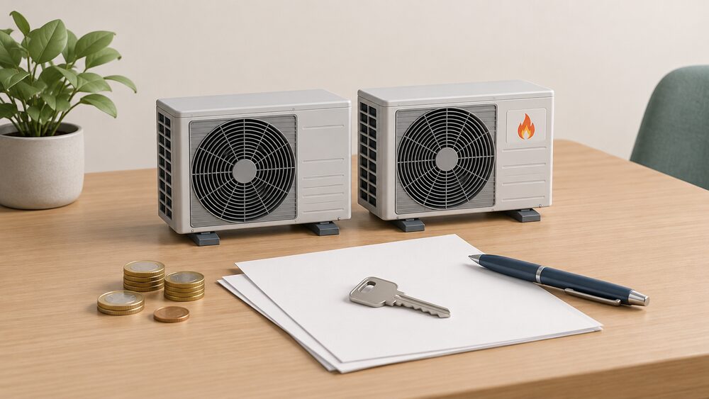 Two small model air-to-water heat pump outdoor units, one plain and one with a small flame symbol on its label, stand side by side on a table beside blank paperwork, a pen and a few coins, with a house key resting on the papers.