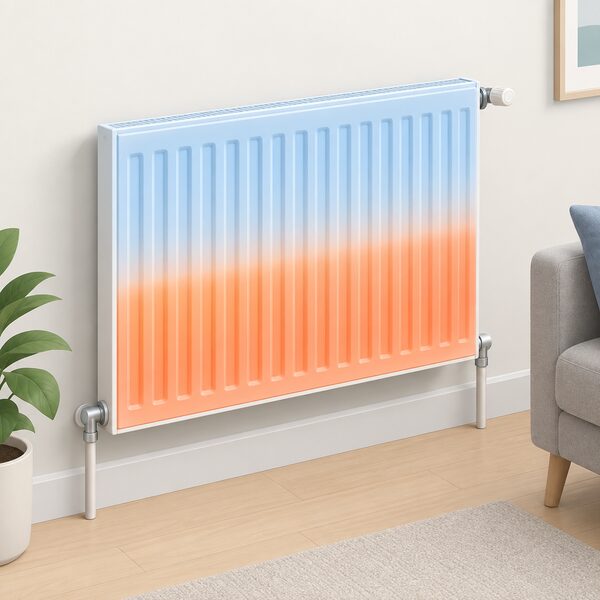A wall-mounted panel radiator in a simply furnished room, its lower half shown in warm colour and its upper half in cool colour while the heating is on, with a bleed valve at the top corner, showing the classic sign that the radiator needs bleeding.