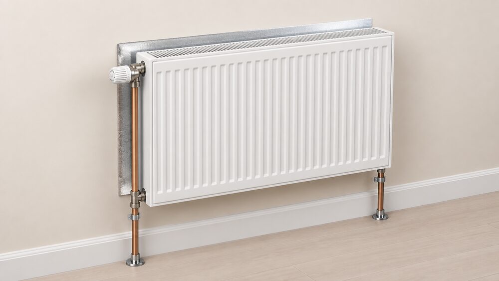 A large double-panel radiator mounted on an interior wall, shown close up, with a shiny reflector panel fitted behind it and its flow and return pipework running down to the floor, nothing else in the scene.