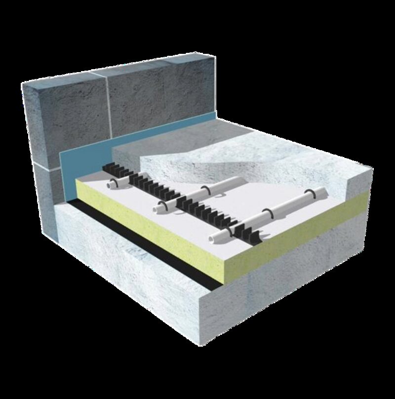 A 3D cutaway diagram of a screed underfloor heating system showing pipework fixed on insulation beneath a screed layer