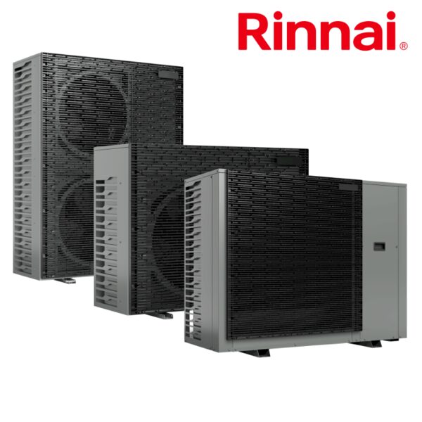 Three Rinnai R290 air source heat pump outdoor units shown against a white background with the Rinnai logo