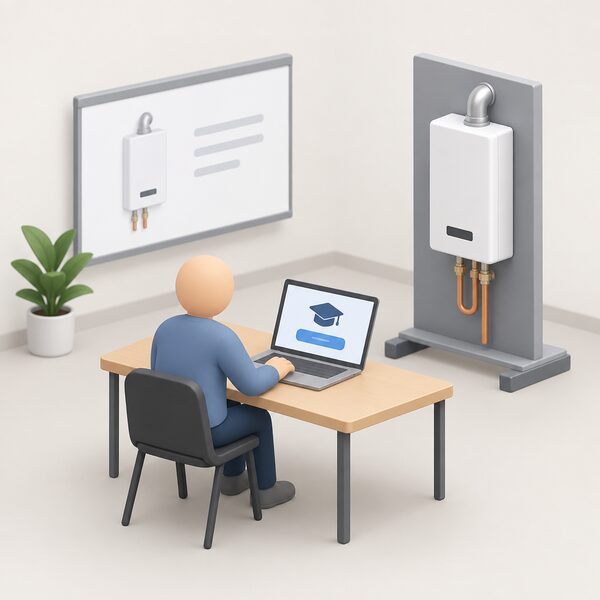 A small simplified installer figure sits at a desk in a plain training room, booking onto a free course, with a wall-mounted continuous flow water heater unit displayed on a stand beside him as the training subject.