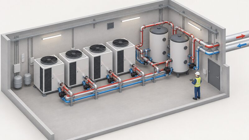 An isometric commercial plant room interior showing several identical air source heat pump units piped in a cascade arrangement alongside two buffer vessels, connected by insulated flow and return pipework serving a leisure building.