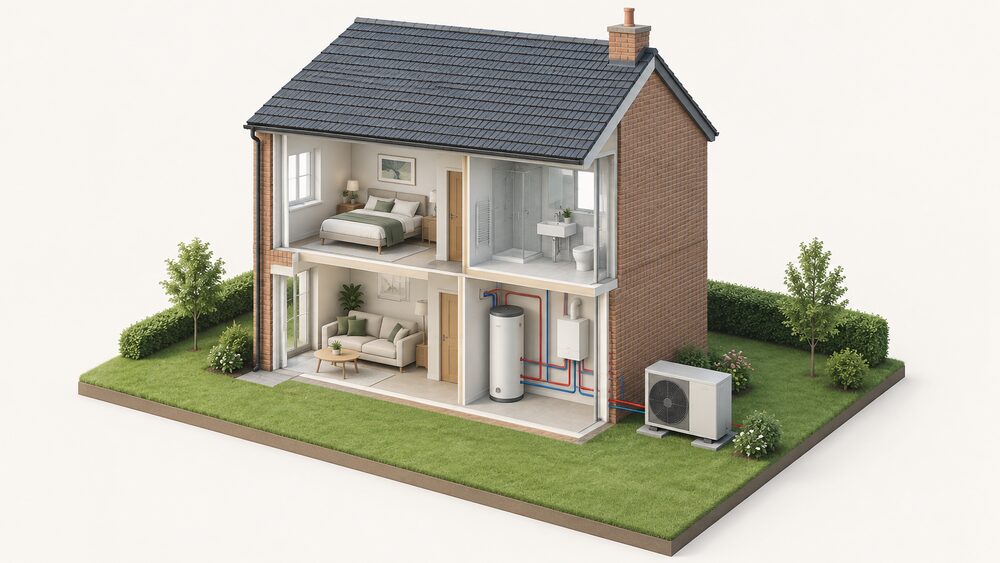 A cutaway of a small house showing a monobloc air source heat pump unit standing on the ground outside an external wall, connected to a hot water cylinder and a gas boiler inside the home.