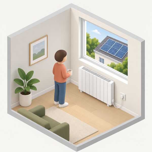A small isometric figure stands beside an electric radiator plugged into a wall socket in a room, with a window showing solar panels on the roof of the house outside.