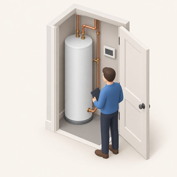 A small utility cupboard in a home containing an upright electric water heater cylinder connected to copper water pipes, with a wall-mounted digital thermostat panel nearby and a simplified isometric figure checking the installation.