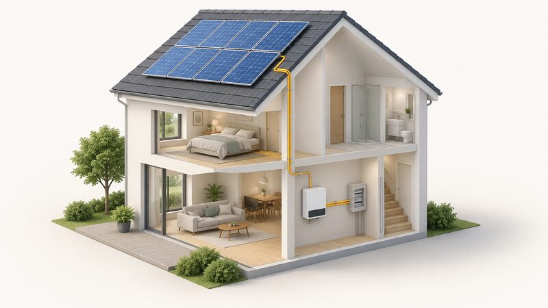 A cutaway view of a house showing solar panels on the pitched roof, a cable running down inside the wall to an inverter box mounted on an internal wall, which connects onward to the home's electricity supply.