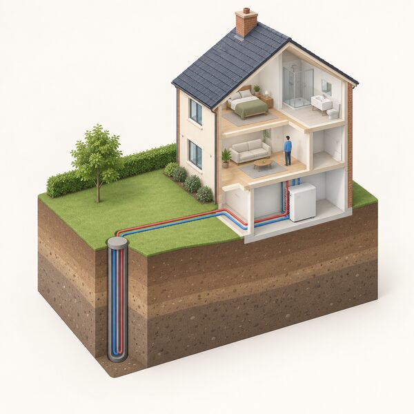 A cutaway view of one house with a single borehole ground array in the garden, its pipework running up into the home where the household's own ground source heat pump unit is installed, all belonging to that one property.