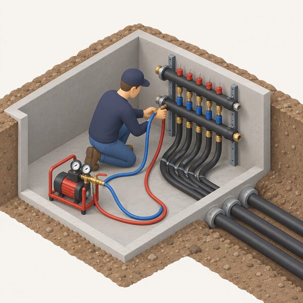 A technician in plain clothing kneels beside an exposed manifold chamber with header pipes of a shared ground array, connecting a flushing and pressure-testing pump with gauges and hoses to the loop pipework before any heat pumps are commissioned.