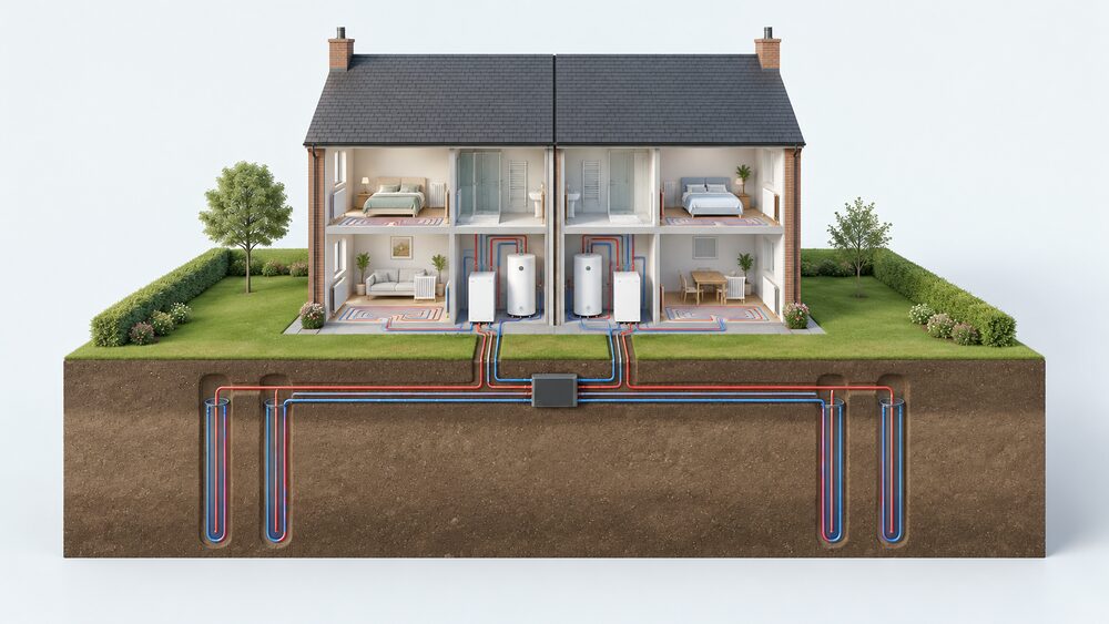 A cutaway street scene of two neighbouring homes sharing one underground ground loop: boreholes and buried pipework run to a manifold in the soil, with a single pipe entering each dwelling where an individual ground source heat pump stands inside, connected to a hot water cylinder.