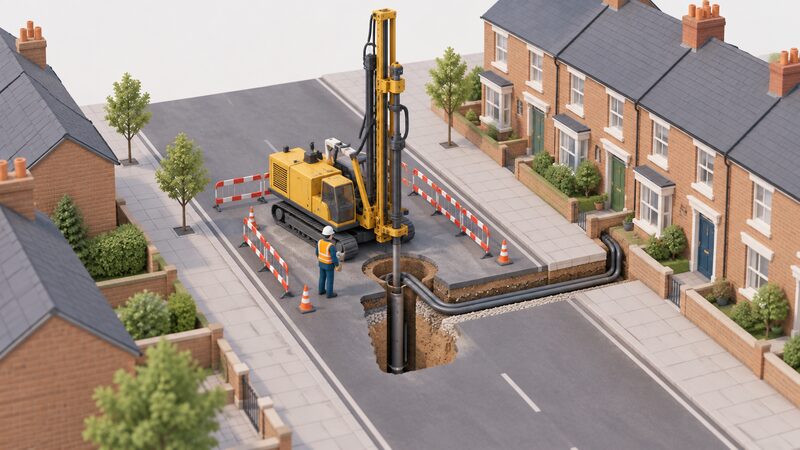 A drilling rig set up on a residential street between terraced houses, boring a borehole through the road surface with the pavement partly opened, while a simplified figure oversees the work and a pipe runs toward a nearby home.