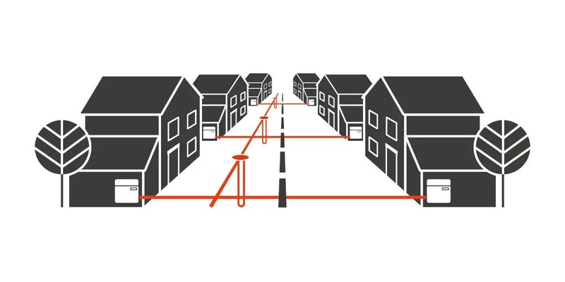 A diagram of a street of houses connected by a shared ground-loop heat pump network