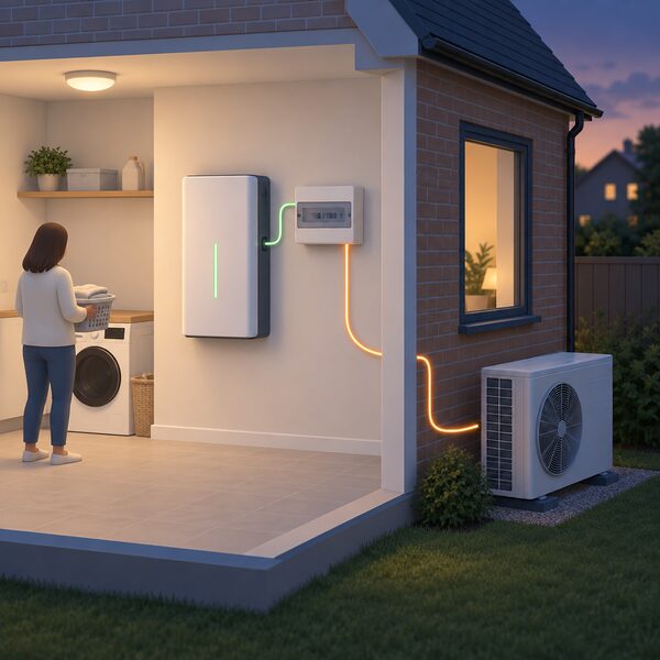 An indoor wall-mounted home battery unit in a utility space, wired to the household consumer unit, with a cable running to an air-source heat pump outside the window, shown in the evening.