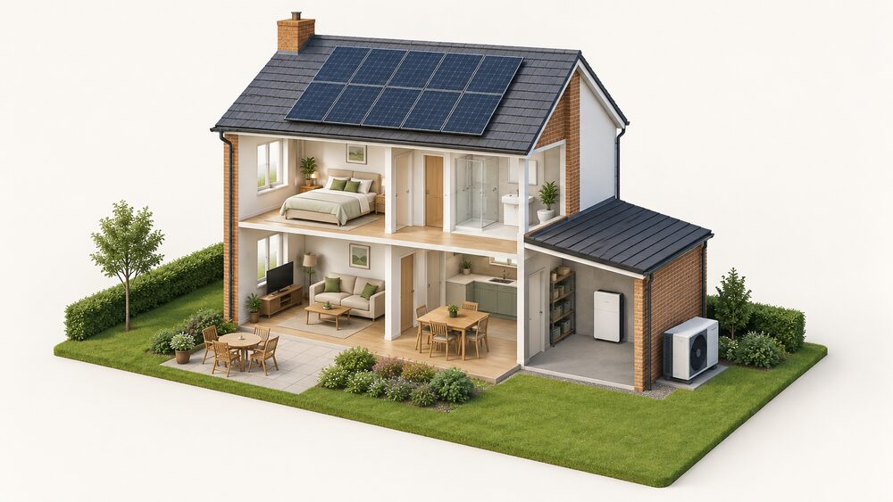 A cutaway of a small UK house showing solar panels on the roof, an air source heat pump fan unit standing on the ground outside an external wall, and a home battery mounted indoors in a garage or utility space, all as separate parts of one home.