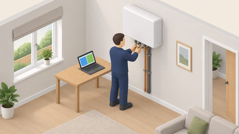 An installer in plain work clothes standing beside a wall-mounted heat pump indoor unit inside a UK home, adjusting its connections while a laptop sits open on a nearby table showing only plain colour blocks.