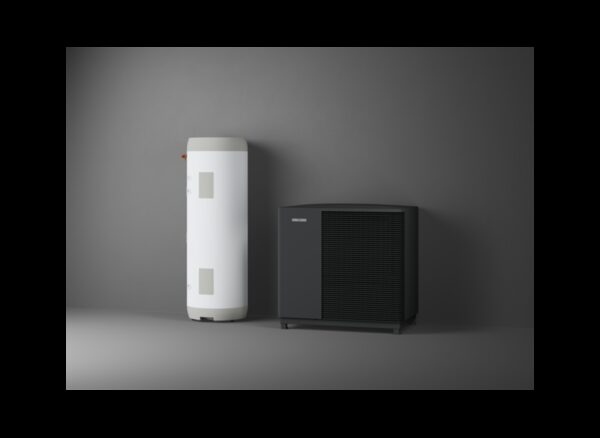 A Stiebel Eltron air source heat pump outdoor unit beside a white hot water cylinder in a studio product shot