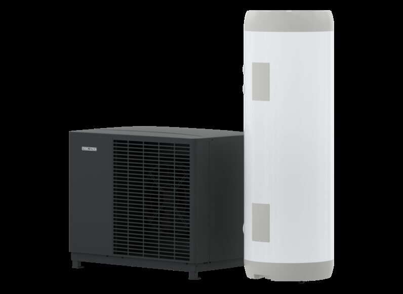 A Stiebel Eltron air source heat pump outdoor unit next to a white hot water cylinder on a white background