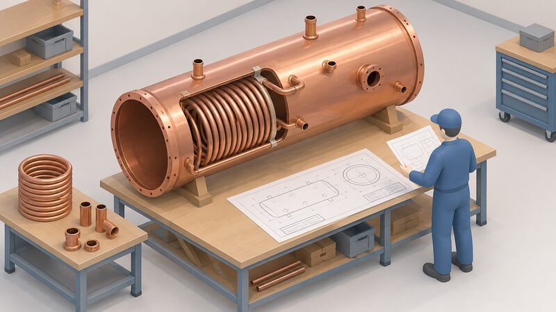 A workshop bench scene showing a large copper cylinder under construction beside a technical drawing, with a coiled heat-exchange coil and several pipe tappings positioned on the cylinder body to match the drawing, one simplified figure checking the layout.