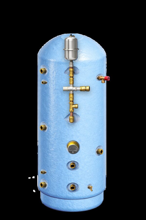 A blue foam-insulated Tristar thermal store hot water cylinder with brass fittings and connections, shown on a white background