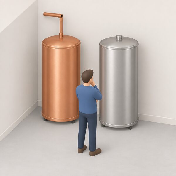 A copper vented cylinder and a Duplex stainless steel cylinder standing side by side in a plain utility space, with a small isometric figure comparing them, showing the two materials offered across the range.