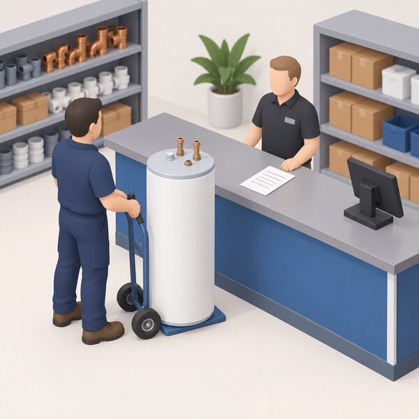 A merchant trade counter scene where a plumber in plain work clothes collects a tall indirect hot water cylinder, with the upright cylinder on a trolley beside the counter and a delivery note lying on the counter top shown only with blank lines.