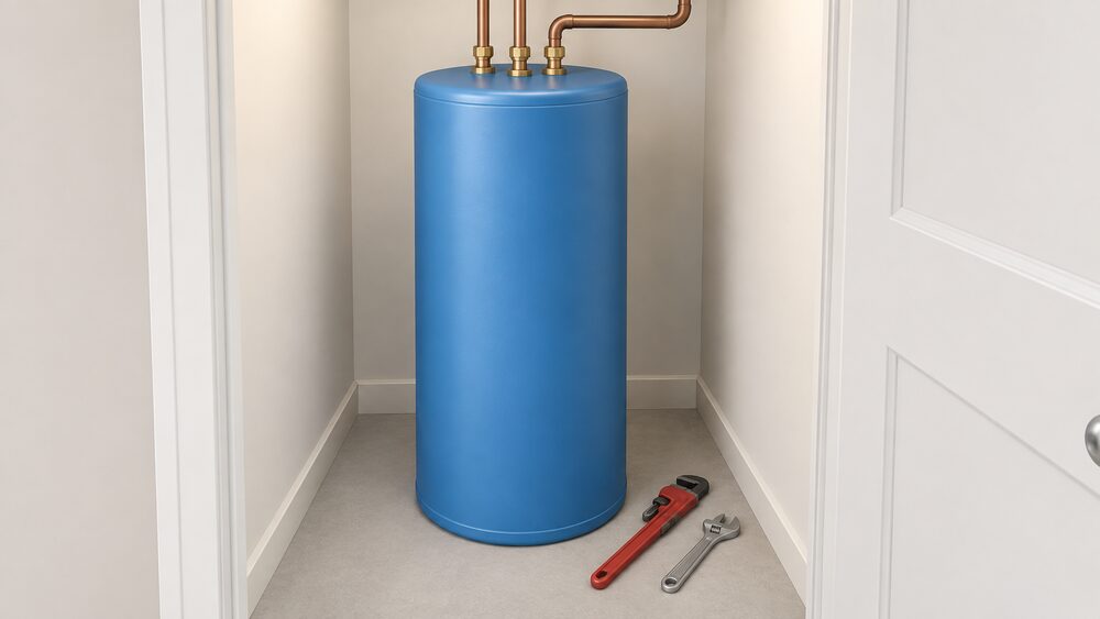 A tall hot water cylinder with a blue case finish standing centrally in an airing-cupboard-like space, its 22mm compression pipe fittings visible at the top, with a pipe wrench and adjustable spanner resting on the floor beside it.