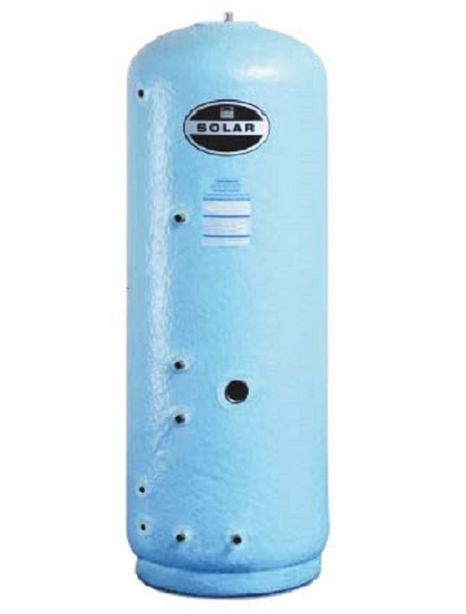 A light blue Telford twin-coil vented indirect solar hot water cylinder shown against a plain background