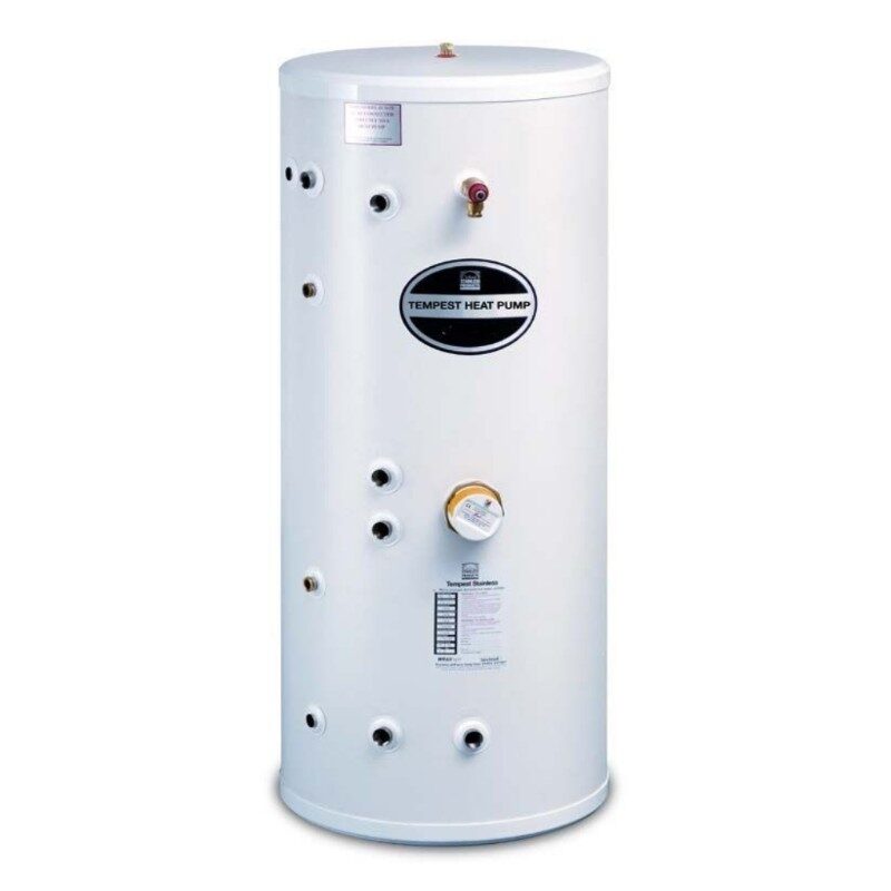 A white Telford Tempest indirect heat pump hot water cylinder with labelled connections, shown on a plain background