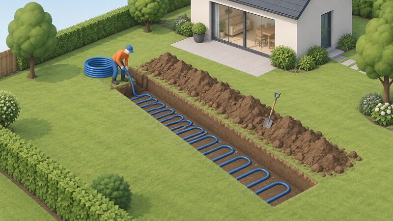 A simplified isometric figure lays a coiled horizontal ground collector pipe along the bottom of a narrow open trench in a garden, with a spade and a small heap of excavated soil beside the trench and the house and lawn beyond, before any backfilling has begun.