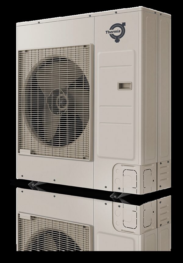 A Thermia iTec E air source heat pump outdoor unit shown against a white background