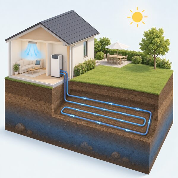 A cutaway garden scene showing a ground source heat pump unit inside the house connected to a loop of brine pipes buried in the soil, with the loop circulating through cooler ground in summer for passive cooling while the compressor stays off.