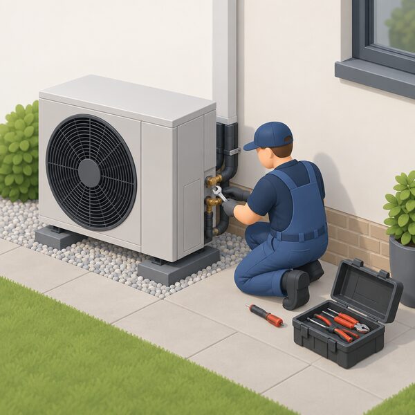 An engineer kneeling beside an outdoor air source heat pump unit, tools and a service case open nearby, carrying out the annual service on the unit's casing and connections.