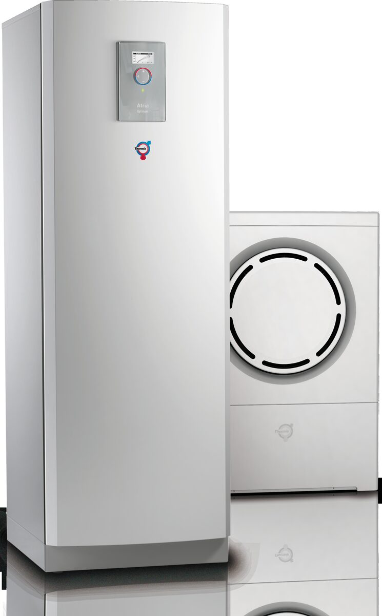 A Thermia Atria Optimum ground source heat pump indoor unit shown as a tall white cabinet with a second vented module behind it