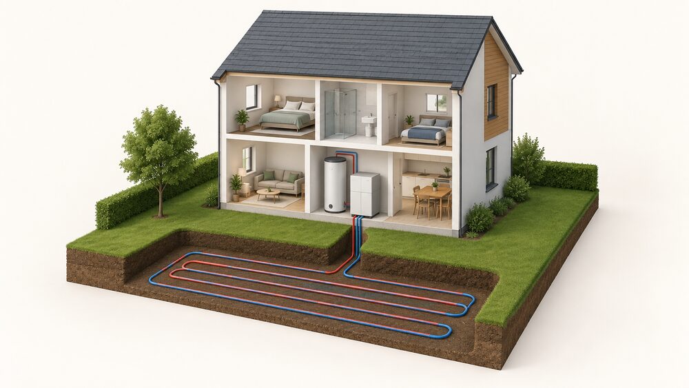 A cutaway house showing a ground source heat pump unit and hot water cylinder indoors, with the horizontal collector loop buried in the ground beneath the garden and pipes running up into the house.