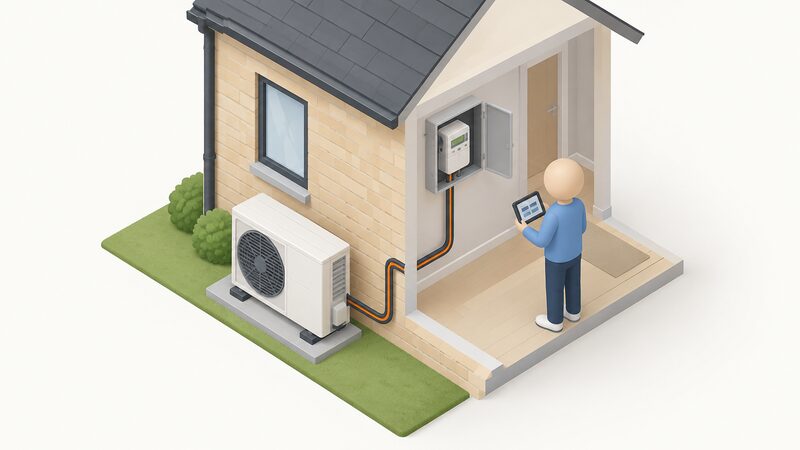 An isometric view of a house exterior wall with a heat pump outdoor unit on the ground beside it, and a smart electricity meter in the meter box with an in-home display held by a simplified figure nearby, linked to show the metered supply feeding the heat pump.