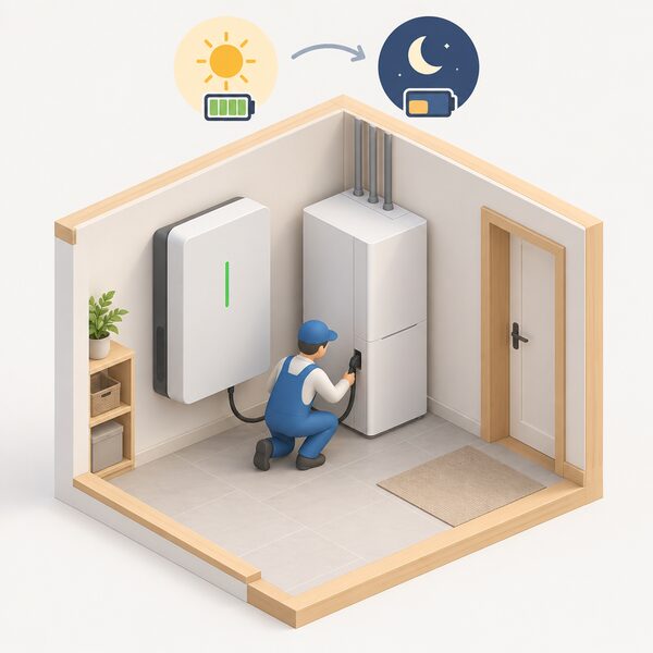A cutaway home corner showing a wall-mounted battery beside an indoor heat pump unit, with a cable from the battery to the heat pump and a simplified isometric figure connecting them, the battery storing cheap daytime electricity to run the heat pump through the evening peak.