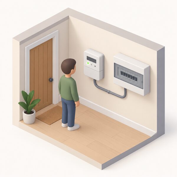A small isometric figure stands beside a smart electricity meter mounted on an interior wall of a home, with a cable running from the meter to the consumer unit, showing the meter recording when electricity is used.