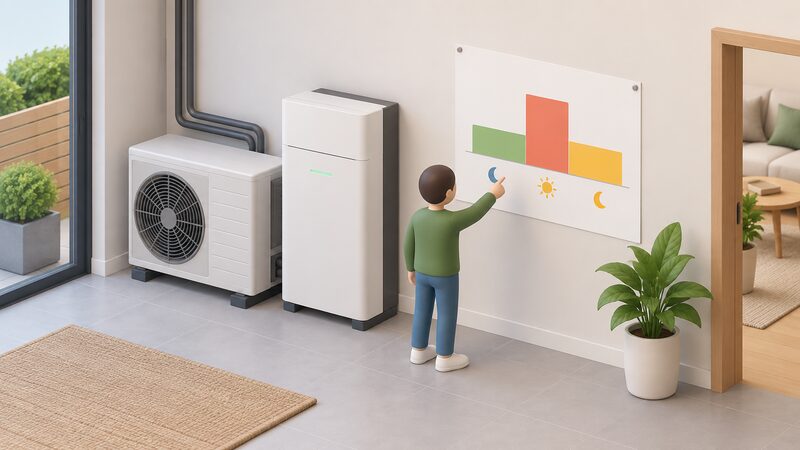A printed chart sheet pinned on a wall beside a home's heat pump and battery, showing a single day as a horizontal band divided into three plain colour blocks with the peak block drawn tallest, and a small isometric figure pointing at the peak block.