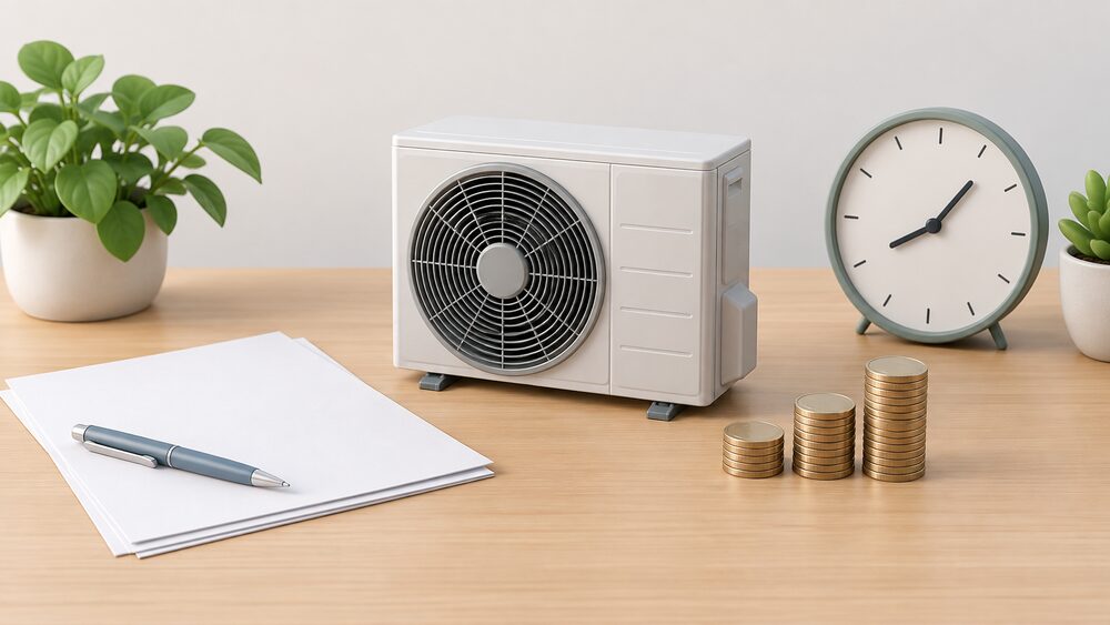 A small model of an air source heat pump outdoor fan unit sits on a table beside blank paperwork, a clock face showing an early-morning hour, and a stack of coins, arranged as the moment a household weighs switching to a cheaper overnight electricity window.