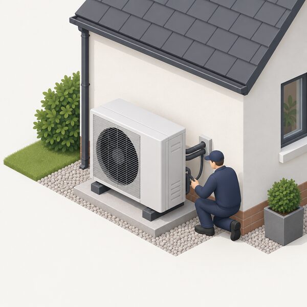 A domestic air source heat pump outdoor unit standing on a level base against the outside wall of a small house, with a simplified isometric figure of an engineer beside it inspecting the unit and its refrigerant and electrical connections into the wall.